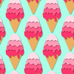 Seamless pattern of Ice cream cones. 3d vector. Paper cut style. Summer dessert.