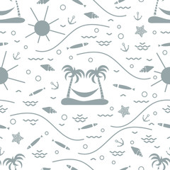 Cute seamless pattern with fish, island with palm trees and a hammock, anchor, sun, waves, seashells, starfish.