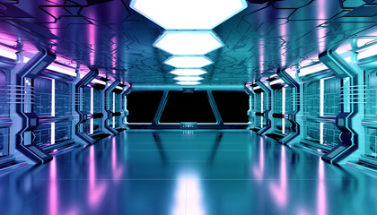 Dark blue pink spaceship futuristic mockup interior with window view 3d rendering © sdecoret