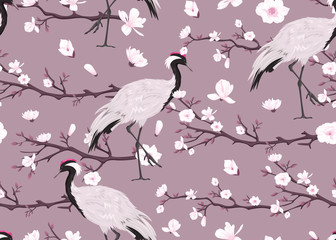 seamless pattern with japanese cranes and blooming magnolia