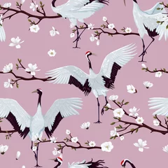Gordijnen naadloos patroon met Japanse kraanvogels en bloeiende magnolia © Hmarka