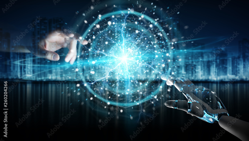 Aufkleber Robot hand and human hand touching digital sphere network on dark background 3D rendering
