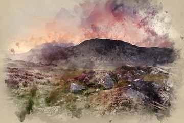 Fototapeta na wymiar Watercolour painting of Stunning Summer dawn over mountain range with lake and beautiful sky