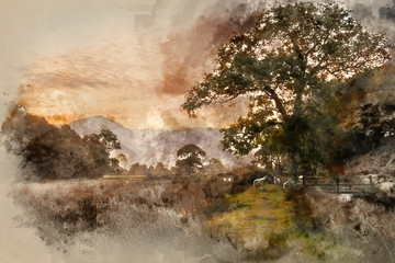 Watercolour painting of Beautiful foggy misty Autumn sunrise over countryside surrounding Crummock Water in Lake District in England