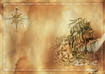 Nautical background with old sailing ship, victorian compass, blank on grunge texture © samiramay