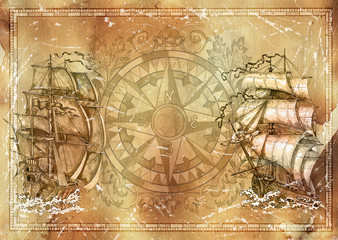 Panele Szklane  Marine grunge texture background, nautical victorian compass, old sailboat, copy space