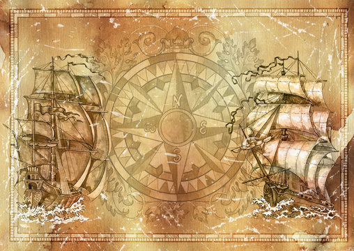 Marine grunge texture background, nautical victorian compass, old sailboat, copy space