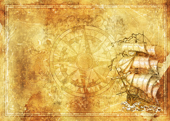 Fototapeta premium Marine background, ancient sailing vessel, baroque decorated compass on grunge texture