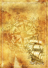 Fototapeta na wymiar Vertical marine background with baroque compass and old sailboat on grunge texture