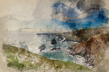 Watercolour painting of Landscape of Bedruthan Steps on Cornwall coastline in England