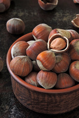 Fresh hazelnuts in the shell in a bowl.