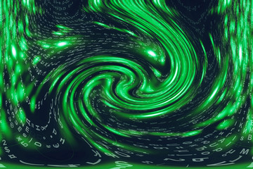 Green blue matrix digital background. Distorted cyberspace concept. Characters fall down in wormhole. Hacked matrix. Virtual reality design. Complex algorithm data hacking. Green digital sparks.