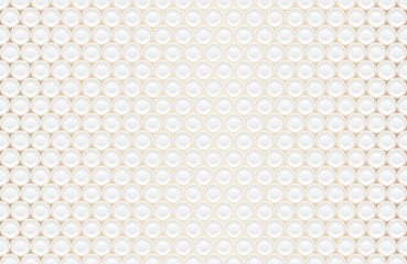Abstract embossing volume white texture, vector seamless pattern. Depressed round shape background, 3d geometric pattern. Round dot with golden ring backdrop. Futuristic wallpaper. Like a plates.