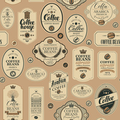 Vector seamless pattern on coffee and coffee house theme with various labels in retro style on the beige background. Can be used as wallpaper or wrapping paper