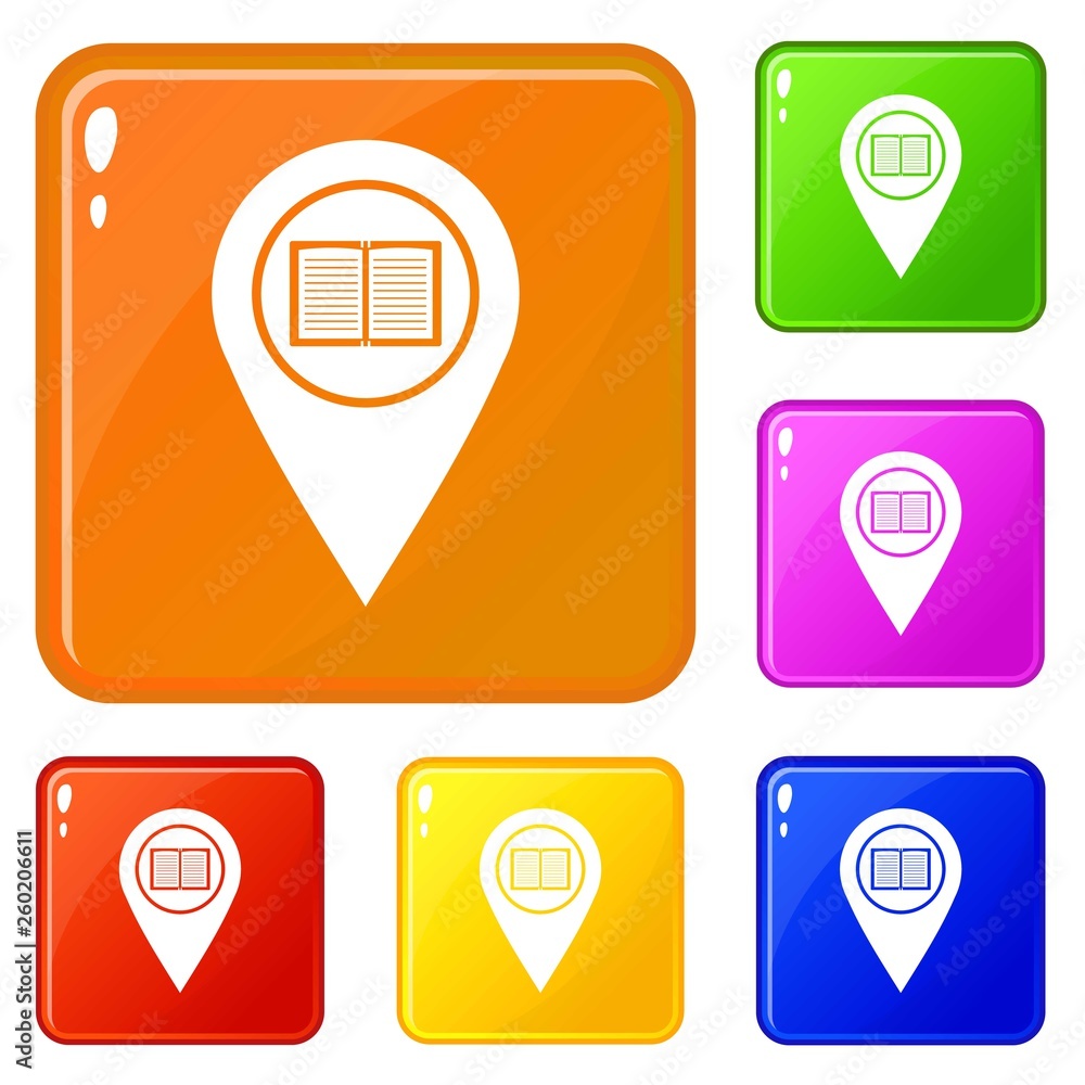 Poster map pointer with book icons set collection vector 6 color isolated on white background