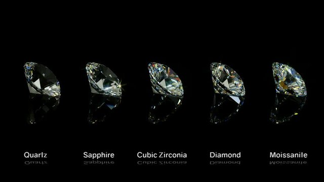 Diamond and its affordable alternatives rotating on black glossy background. Seamless animation