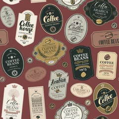 Photo sur Plexiglas Café Modèle sans couture de vecteur sur le thème du café et du café avec collage de diverses étiquettes dans un style rétro. Peut être utilisé comme papier peint ou papier d& 39 emballage