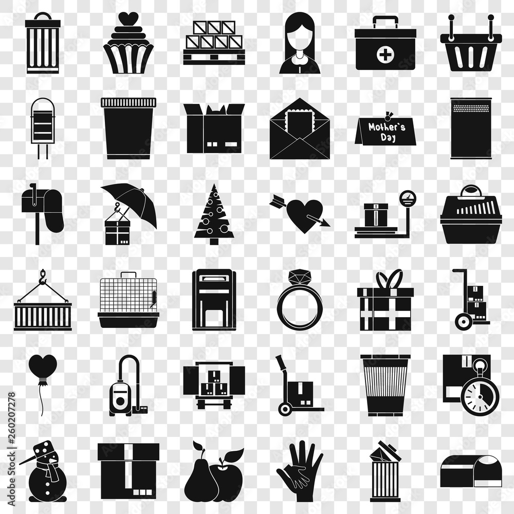 Poster box icons set. simple style of 36 box vector icons for web for any design