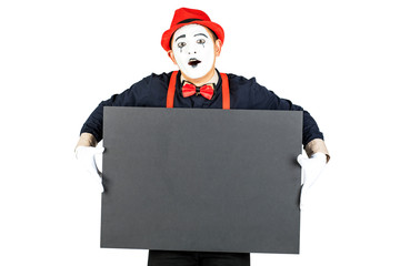happy artist MIM is holding a black Board on a white background