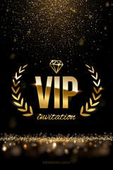 Golden VIP invitation template - type design with diamond, laurel wreath and golden glitter on dark luxury background. Vector illustration.