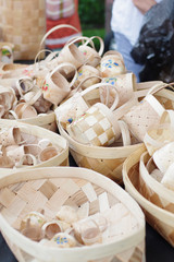 Many wicker baskets with handles made of wooden materials made by hand