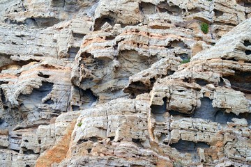 Close up picture of red rocks, geological background.