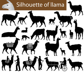 Collection of silhouettes of llamas and its cubs