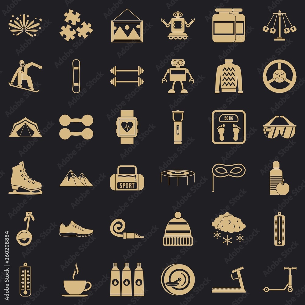 Poster children playing icons set. simple style of 36 children playing vector icons for web for any design