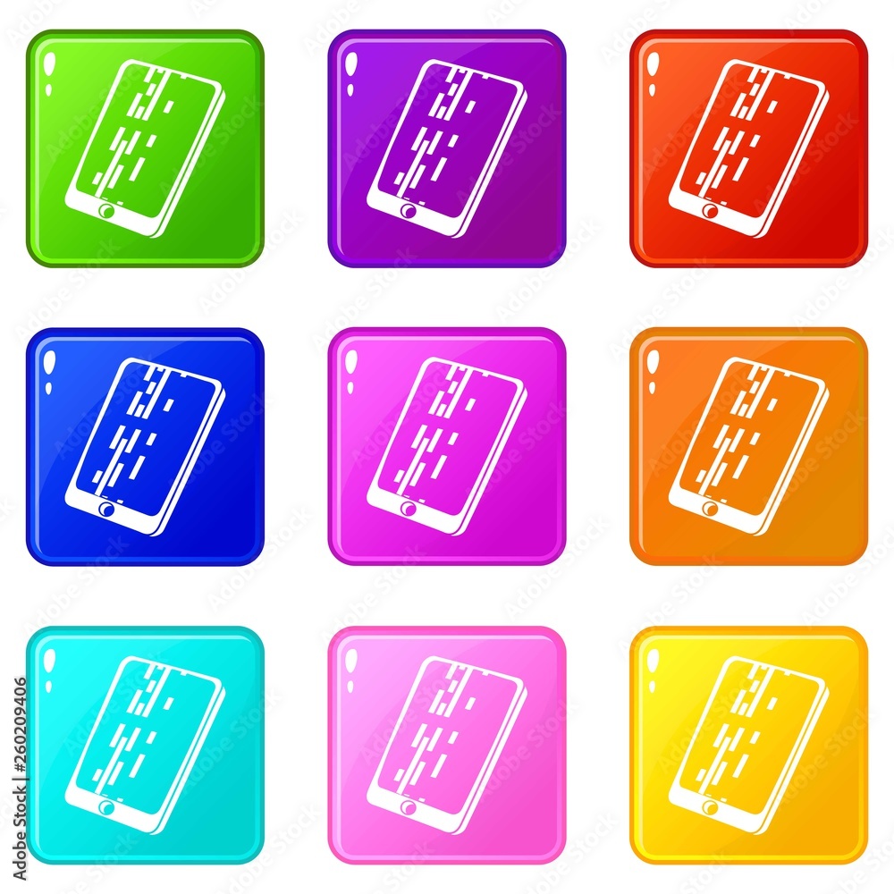 Poster dead pixel smartphone icons set 9 color collection isolated on white for any design