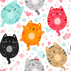 doodle colored cats seamless pattern