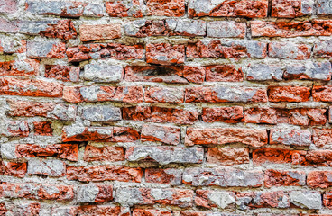 Empty Old Brick Wall Texture. Painted Distressed Wall Surface. Grungy Wide Brickwall. Grunge Red Stonewall Background. Shabby Building Facade With Damaged Plaster. Abstract Web Banner. Copy Space.