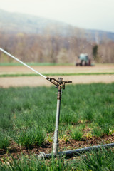 Fototapeta na wymiar Irrigation plant system on a field, agriculture. Tractor in the blurry background.