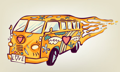 Hippie car, mini van. Isolated object. Psychedelic print concept.