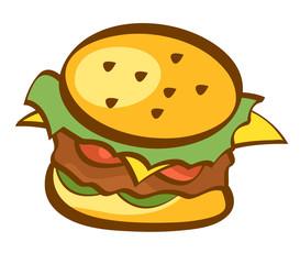 Hamburger icon. Burger, fast food sign. Trendy cartoon style design. Isolated illustration