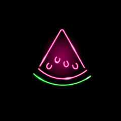 Neon watermelon slice isolated on black background. Summer, food, fresh concept for logo, banner. Vector 10 EPS illustration.