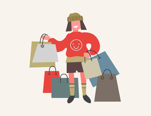 Girl carry shopping bags with purchases. Flat design vector illustration