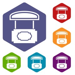 Wood stall icons vector colorful hexahedron set collection isolated on white