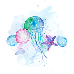 hand drawn watercolor composition of marine life