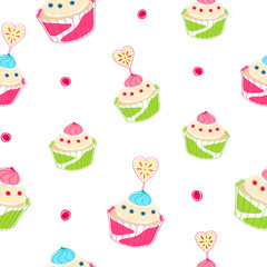 Seamless pattern, colorful cupcakes on the white background. Muffin, bakery, pastry. Bright vector illustration. Holiday, celebration, wedding theme. With love.	