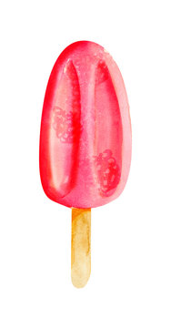 Watercolor bright red raspberry popsicle isolated on white