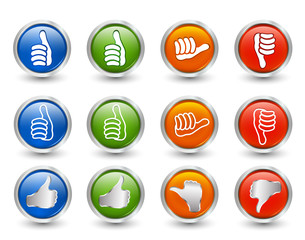 Set icons buttons. Thumbs up green and blue - orange neutral thumb - thumb down red. Online voting symbol. Concept like it. Do not like. Vote. 3d illustration