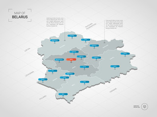 Isometric  3D Belarus map. Stylized vector map illustration with cities, borders, capital, administrative divisions and pointer marks; gradient background with grid. 