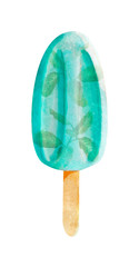 Watercolor bright blue mint popsicle isolated on white