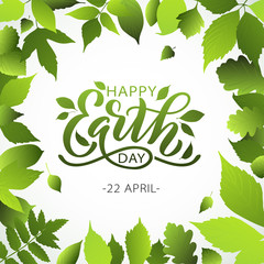 Happy Earth Day lettering vector illustration with leaves. Hand drawn text design for World Earth Day 22 April