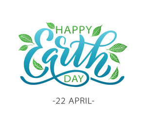 Happy Earth Day lettering vector illustration with leaves. Hand drawn text design for World Earth Day 22 April