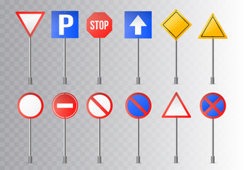 Set of road signs and green traffic signs. isolated on transparent background. Vector illustration.  