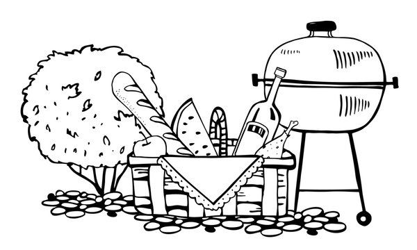 Grill and picnic basket with food on the ground with bush on the background. Outline vector sketch illustration black on white background