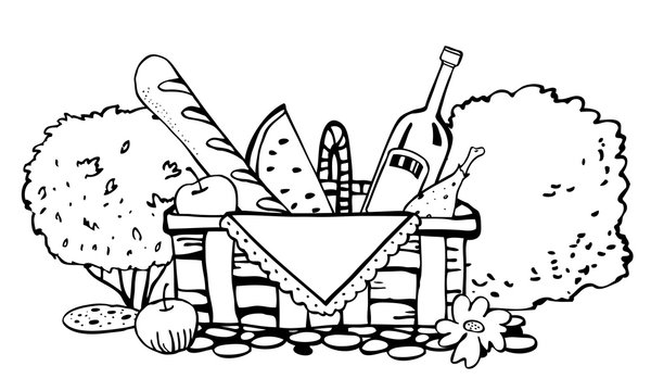 Picnic basket with food on the ground with bushes on the background. Outline vector sketch illustration black on white background
