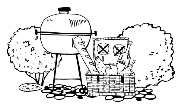 Grill and open picnic basket with food on the ground with bushes on the background. Outline vector sketch illustration black on white background
