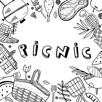 Rectangular frame with picnic, summer eating out, gardening and barbecue objects. Outline vector sketch illustration black on white background